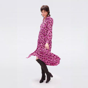 Alea Dress in Tiny Fall Fruits and Tiny Wave Geo Pink