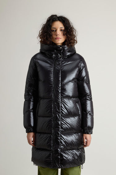 Aliquippa Long Down Jacket in Glossy Nylon Black