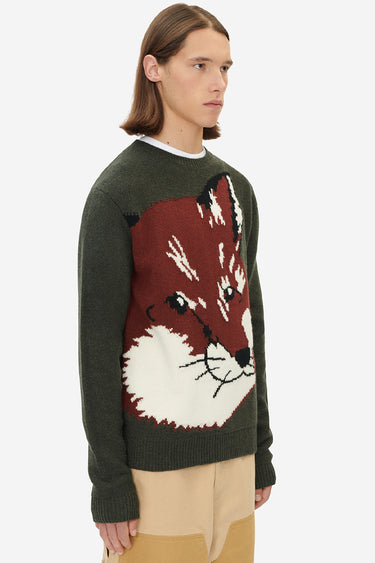 OVERSIZE FOX HEAD JACQUARD PULLOVER KHAKI GREY