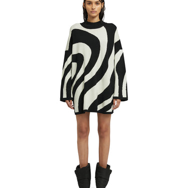 Midi dress with "Illusion Waves" print in pure wool White / Black
