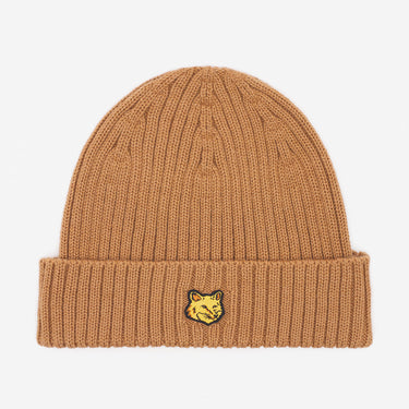 Bold Fox Head Patch Ribbed Beanie Golden Brown