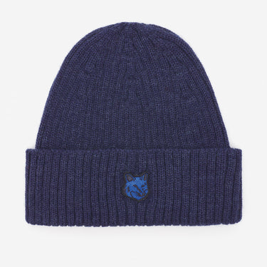 Bold Fox Head Patch Ribbed Beanie Ink Blue