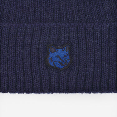 Bold Fox Head Patch Ribbed Beanie Ink Blue
