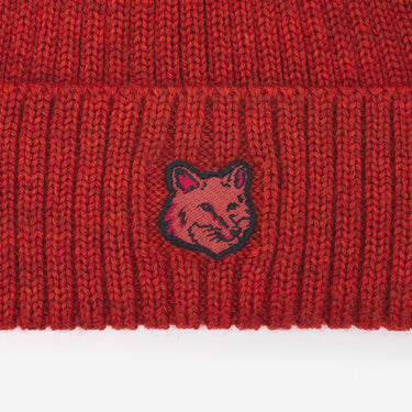 Bold Fox Head Patch Ribbed Beanie Burnt Red