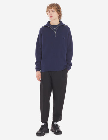 Men's Bold Fox Head Patch Half Zip Ribbed Jumper Paper Ink Blue