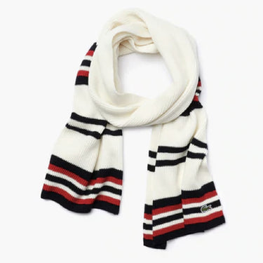 MEN'S MADE IN FRANCE STRIPED RIBBED RECTANGULAR WOOL SCARF WHITE/NAVY/RED