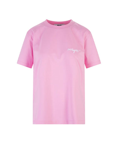 Round neck cotton T-shirt with embroidered logo Pink